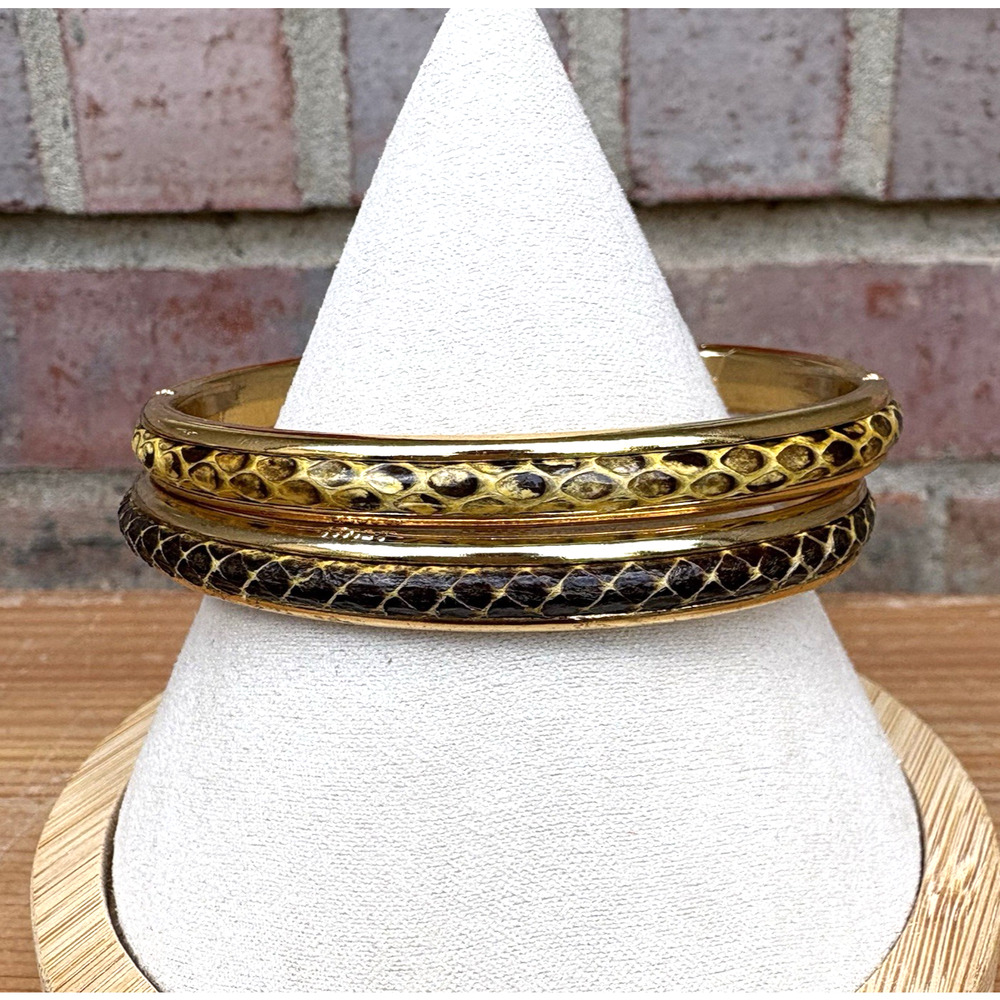 Set of 2 Vintage Made In Italy Brown Yellow‎ Snakeskin Cuff Bracelet Gold Tone